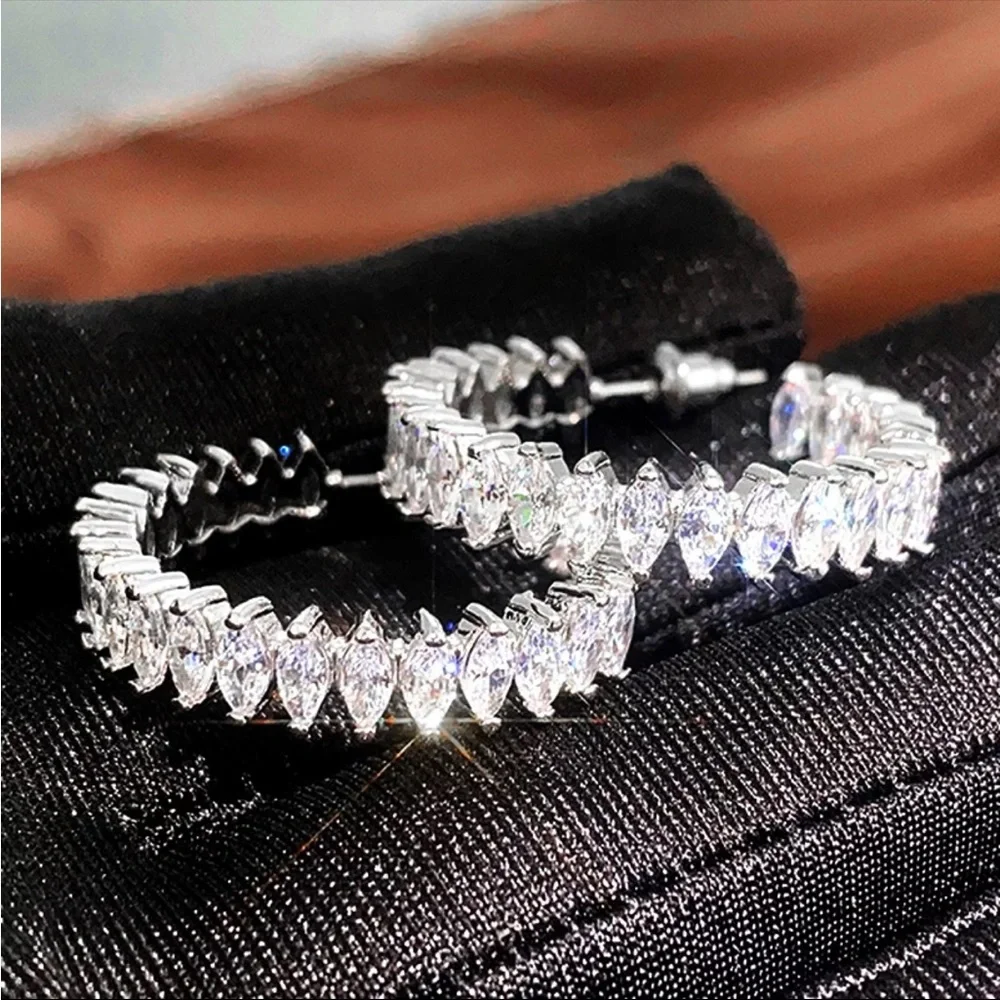 New 925 Silver Fashion Hoop Brilliant Micro Paved Marquise Zirconia Earrings - Picture 6 of 6